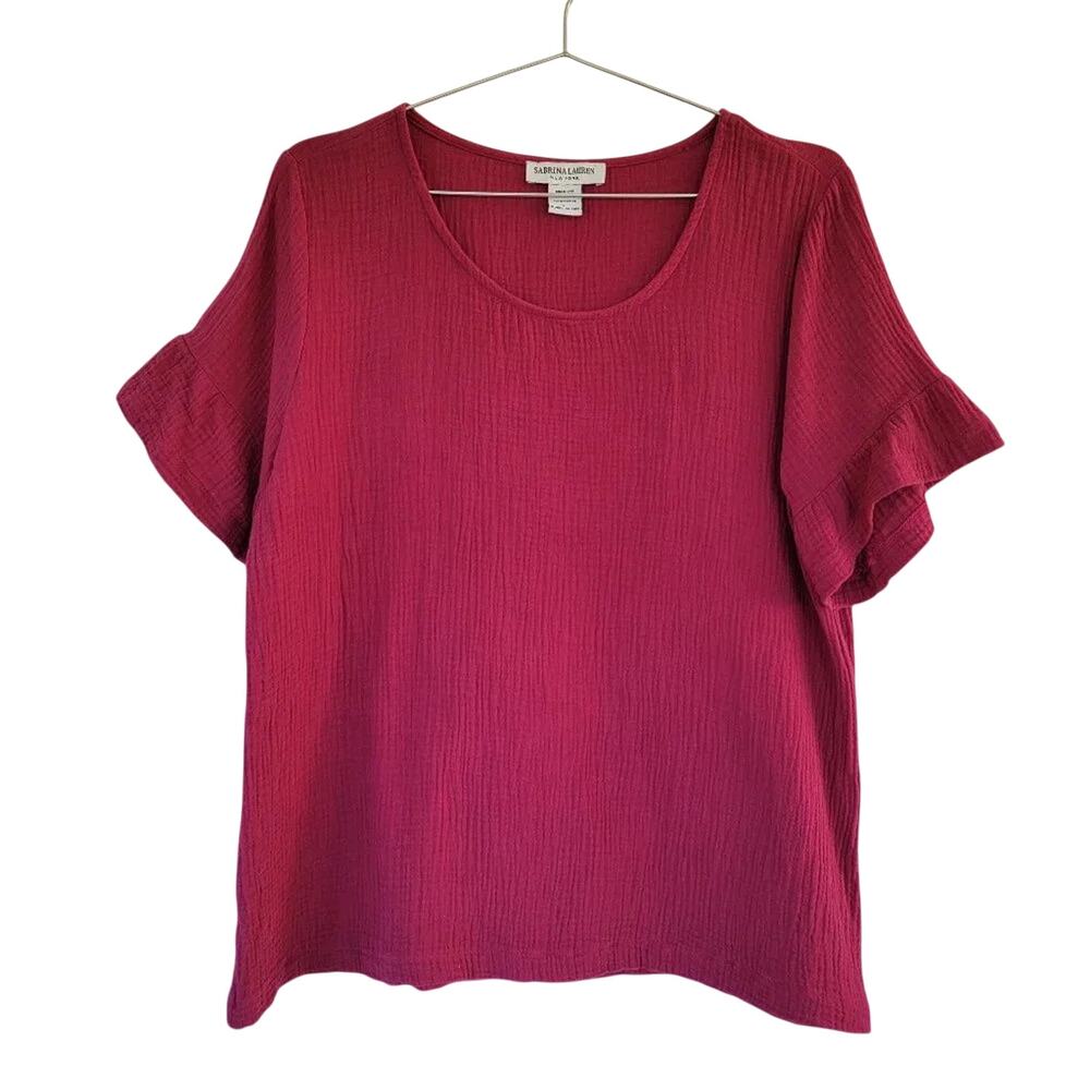 Sabrina Lauren Short Sleeve Cotton Blouse Magenta Pink Women Size L